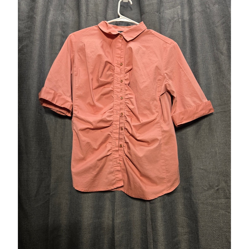 7th Avenue Button-Down Top‎ Ruffle Front 3/4 Sleeve Blouse Salmon Pink L